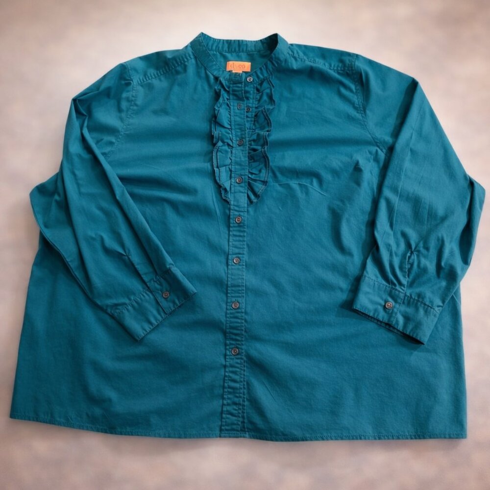 Teal Ruffle Front Button Down Blouse Women's 3X Plus Size Career Top Denim & Co